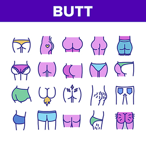 Butt Human Body Part Collection Icons Set Vector Thin Line. Butt With Tattoo In Heart Form And Hair, Wear Pants And Jeans Concept Linear Pictograms. Color Contour Illustrations