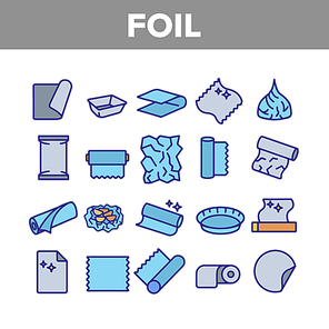 Foil List For Cooking Collection Icons Set Vector Thin Line. Aluminium Foil Container And Plate, Scroll And Strip, Steel Material Concept Linear Pictograms. Color Contour Illustrations