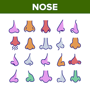 Nose Human Face Organ Collection Icons Set Vector Thin Line. Nose Anatomy Body Part In Different Form, Allergic Sick Nasal Concept Linear Pictograms. Color Contour Illustrations