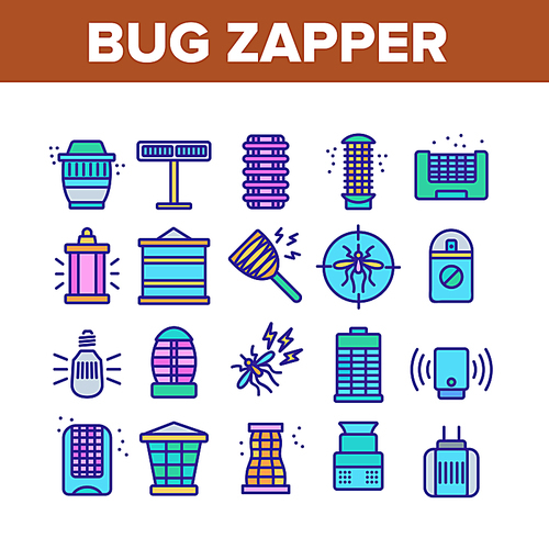 Bug Zapper Equipment Collection Icons Set Vector. Bug Zapper Electronic Device And Dichlorvos Bottle For Killing Insects Concept Linear Pictograms. Color Illustrations