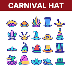 Carnival Hat Festival Collection Icons Set Vector. Carnival Headdress For Christmas And Halloween, Cowboy And Mexican, Pirate And Elf Concept Linear Pictograms. Color Illustrations