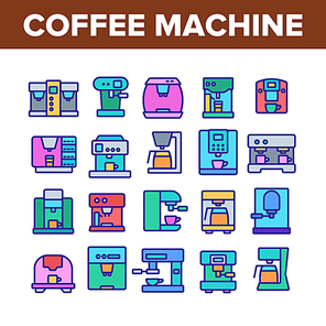 Coffee Machine Device Collection Icons Set Vector. Professional And Domestic Make Coffee Latte Or Espresso Energy Drink Equipment Concept Linear Pictograms. Color Illustrations