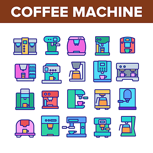 Coffee Machine Device Collection Icons Set Vector. Professional And Domestic Make Coffee Latte Or Espresso Energy Drink Equipment Concept Linear Pictograms. Color Illustrations