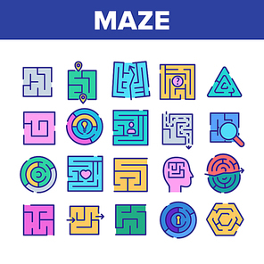 Maze Puzzle Different Collection Icons Set Vector. Maze Labyrinth Research And In Human Head, Direction And Locked, Keyhole And Heart Shape Concept Linear Pictograms. Color Illustrations