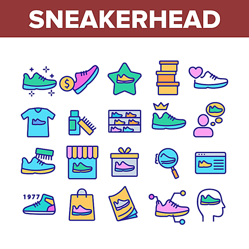 Sneakerhead Footwear Collection Icons Set Vector. Sneakerhead In Gift Box And Bag, Cleaning Brush And Cream, Online Shopping And Store Concept Linear Pictograms. Color Illustrations