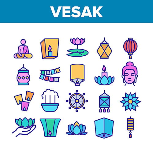 Vesak Day Buddhism Collection Icons Set Vector. Buddha Statue And Figure, Lotus Flower And Lantern, Candle And Flags Vesak Symbols Concept Linear Pictograms. Color Illustrations