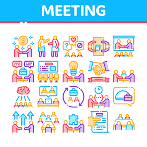Business Meeting Conference Collection Icons Set Vector. Business Meeting And Seminar, Businessman Partnership, Communication And Talking Concept Linear Pictograms. Color Illustrations