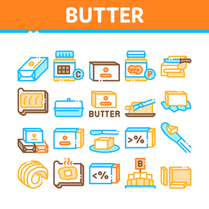 Butter Or Margarine Collection Icons Set Vector. Butter On Piece Of Bread And Knife, Sliced And Cut, In Package And Bottle, Fat And Vitamin Concept Linear Pictograms. Color Illustrations