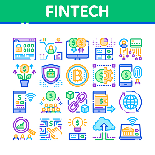 Fintech Innovation Collection Icons Set Vector. Bitcoin Financial Technology, Binary Code And Electronic Exchange, Wifi Smartphone Fintech Concept Linear Pictograms. Color Illustrations