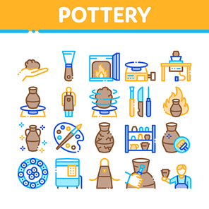 Pottery And Ceramics Collection Icons Set Vector. Pottery Equipment And Kiln, Potter And Spatula, Vase And Plate, Paint And Roasting Concept Linear Pictograms. Color Illustrations