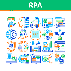 Rpa Cyber Technology Collection Icons Set Vector. Rpa Robotic Process Automation, Drone Delivering And Processor Chip, Robot Arm And Hand Concept Linear Pictograms. Color Illustrations