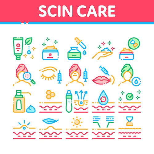 Skin Care Cosmetic Collection Icons Set Vector. Skin Care Cream And Moisturizing Oil, Eye, Lips And Facial Anti-aging Injection Concept Linear Pictograms. Color Illustrations