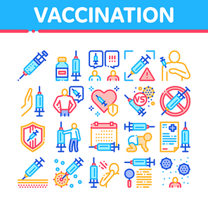 Vaccination Syringe Collection Icons Set Vector. Healthcare Vaccination, Baby And Human Health Care Injection, Virus And Disease Research Concept Linear Pictograms. Color Illustrations