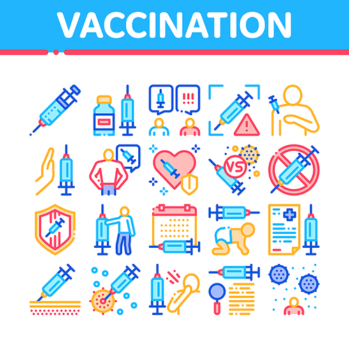 Vaccination Syringe Collection Icons Set Vector. Healthcare Vaccination, Baby And Human Health Care Injection, Virus And Disease Research Concept Linear Pictograms. Color Illustrations