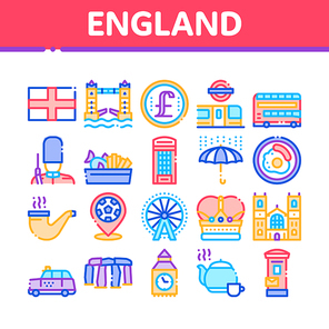 England United Kingdom Collection Icons Set Vector. England Flag And Pound Sterling Coin, Bus And Cab Taxi, Big Ben And Tower Bridge Concept Linear Pictograms. Color Illustrations