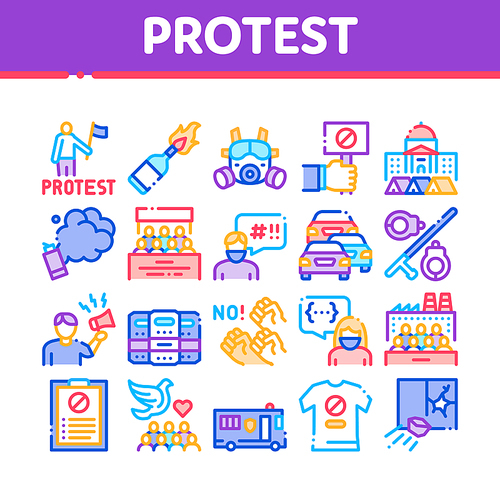Protest And Strike Collection Icons Set Vector. Plant Workers Protest, Respiratory Mask And Burning Liquid Bottle, Police Tool And Van Concept Linear Pictograms. Color Illustrations