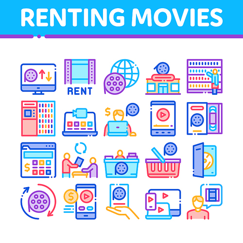 Renting Movies Service Collection Icons Set Vector. Renting Movies Store, Internet Online Watching And Download, Compact Disk And Reel Concept Linear Pictograms. Color Illustrations