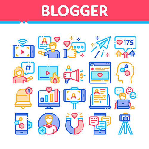 Blogger Internet Social Channel Icons Set Vector. Blogger Web Site And Likes, Photo Camera And Bell, Loudspeaker And Magnet Concept Linear Pictograms. Color Illustrations