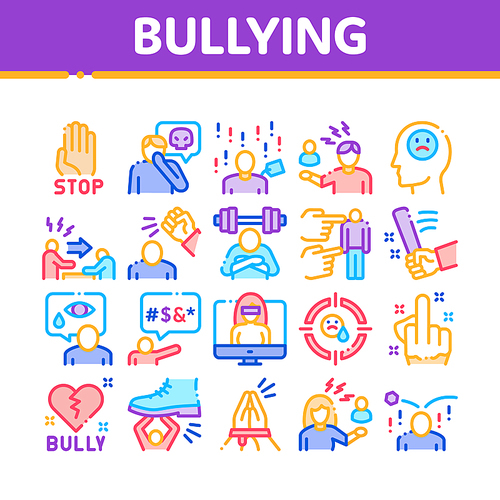 Bullying Aggression Collection Icons Set Vector. Internet Bullying And Name-calling, Beating And Showing Indecent Gesture Concept Linear Pictograms. Color Illustrations