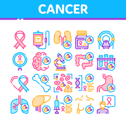 Cancer Human Disease Collection Icons Set Vector. Stomach And Intestines, Brain And Kidneys, Liver And Lungs Cancer, Research And Treatment Concept Linear Pictograms. Color Illustrations