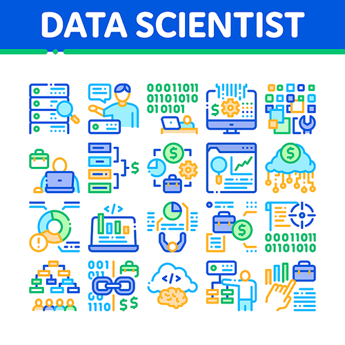 Data Scientist Worker Collection Icons Set Vector. Server And Web Site Research, Programmer And Data Scientist, Binary Code And Infographic Concept Linear Pictograms. Color Illustrations