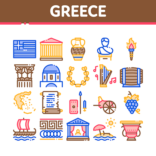 Greece Country History Collection Icons Set Vector. Greece Flag And Antique Amphora, Building And Boat, Wine Barrel And Grape Concept Linear Pictograms. Color Illustrations