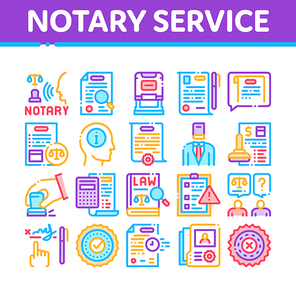 Notary Service Agency Collection Icons Set Vector. Agreement And Law Research, Document With Stamp And Signature, Notary Service Information Concept Linear Pictograms. Color Illustrations