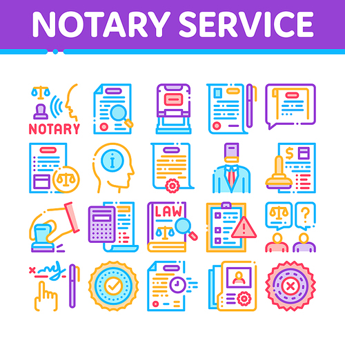 Notary Service Agency Collection Icons Set Vector. Agreement And Law Research, Document With Stamp And Signature, Notary Service Information Concept Linear Pictograms. Color Illustrations