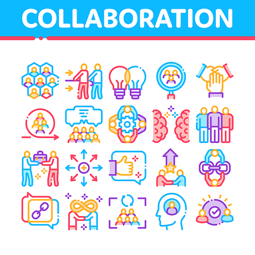 Collaboration Work Collection Icons Set Vector. Human And Brain Collaboration, Worker Research And Handshake, Cooperation And Organization Concept Linear Pictograms. Color Illustrations