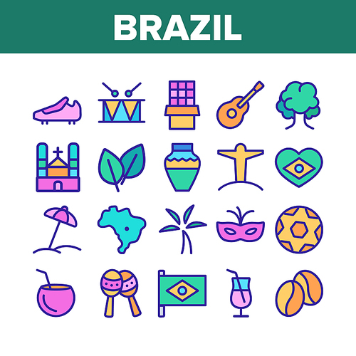Brazil National Country Elements Icons Set Vector Thin Line. Football Ball And Food, Coffee And Carnival Mask, Guitar And Drum, Brazil Concept Linear Pictograms. Color Contour Illustrations
