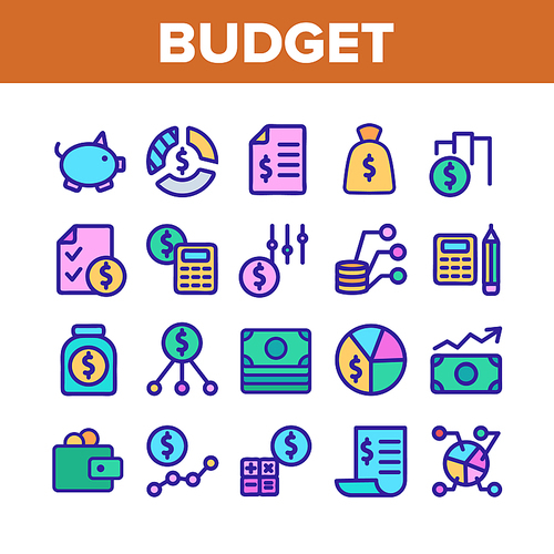 Budget Audit Collection Elements Icons Set Vector Thin Line. Dollar And Coin, Accounting Budget Report And Analysis, Wallet And Calculator Concept Linear Pictograms. Color Contour Illustrations
