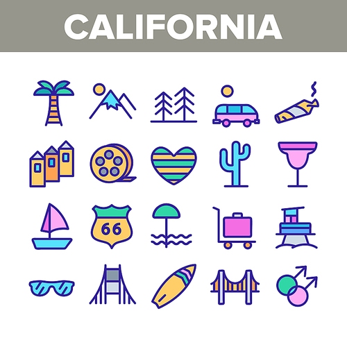 California Collection Elements Icons Set Vector Thin Line. Mountain And Palm Forest, Cactus And Bridge, Van And Glasses, California Concept Linear Pictograms. Color Contour Illustrations
