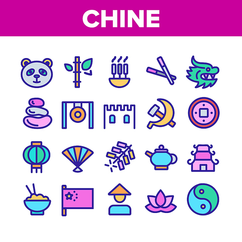 China Collection Nation Elements Icons Set Vector Thin Line. Dragon And Panda, Flag And Fireworks, Teapot And Chinese Wall, China Concept Linear Pictograms. Color Contour Illustrations