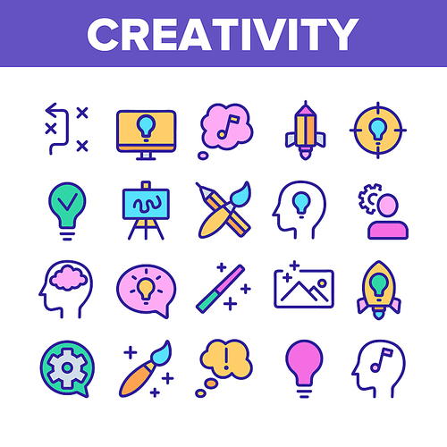 Creativity Collection Elements Icons Set Vector Thin Line. Brainstorming And Idea, Lightbulb In Human Hand And Target, Creativity Concept Linear Pictograms. Color Contour Illustrations