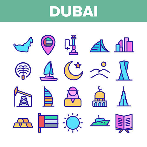Dubai Collection Traditional Icons Set Vector Thin Line. Sun And Desert, Boat And Flag, Gold And Oil, Dubai Map And Island Concept Linear Pictograms. Color Contour Illustrations