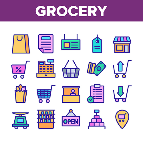 Grocery Shop Collection Elements Icons Set Vector Thin Line. Badge And Product List, Money And Bag, Basket And Grocery Market Store Concept Linear Pictograms. Color Contour Illustrations