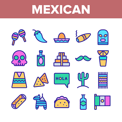 Mexican Traditional Collection Icons Set Vector Thin Line. Pepper And Tequila, Cigar And Cactus, Nachos And Tacos, Mexican Hat And Flag Concept Linear Pictograms. Color Contour Illustrations