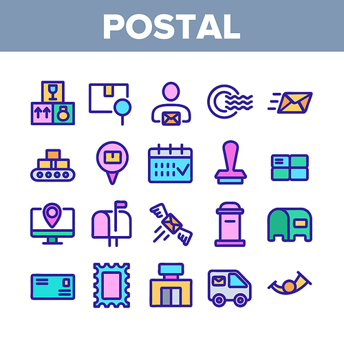 Post Company Collection Elements Icons Set Vector Thin Line. Postal Office And Message, Mail Box And Truck, Box And Calendar, Postal Service Concept Linear Pictograms. Color Contour Illustrations