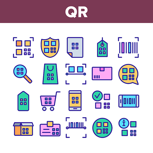 Qr Code Scan Collection Elements Icons Set Vector Thin Line. Qr Code On Smartphone Display And Tag Label, In Magnifier And On Shield Concept Linear Pictograms. Color Contour Illustrations