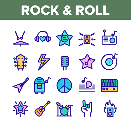 Rock And Roll Collection Elements Icons Set Vector Thin Line. Guitar And Drums, Microphone And Headphones, Star And Rock Music In Radio Concept Linear Pictograms. Color Contour Illustrations