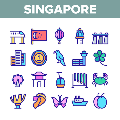 Singapore Collection Traditional Icons Set Vector Thin Line. Flag And Scyscraper, Crab And Parrot, Butterfly And Train, Singapore Concept Linear Pictograms. Color Contour Illustrations