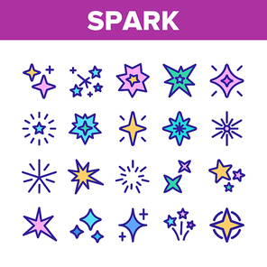 Spark And Sparkle Star Collection Icons Set Vector Thin Line. Different Glitter And Flare Spark Concept Linear Pictograms. Shiny Shapes And Fireworks Color Contour Illustrations