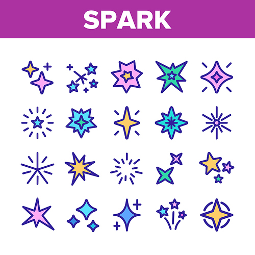 Spark And Sparkle Star Collection Icons Set Vector Thin Line. Different Glitter And Flare Spark Concept Linear Pictograms. Shiny Shapes And Fireworks Color Contour Illustrations