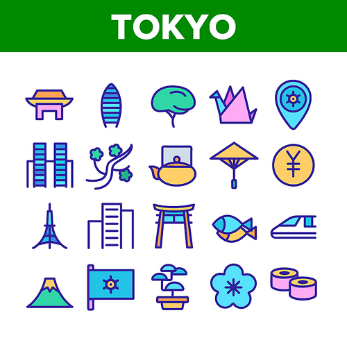 China Collection Nation Elements Icons Set Vector Thin Line. Flag And Gate, Teapot And Skyscraper, Mountain And Sushi, Tokyo Concept Linear Pictograms. Color Contour Illustrations
