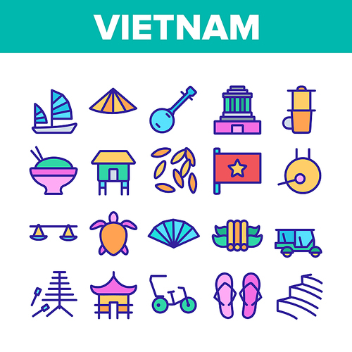 Vietnam Collection Traditional Icons Set Vector Thin Line. Flag And Palace, Gong And Sailboat, Turtle And Sushi, Vietnam Concept Linear Pictograms. Color Contour Illustrations