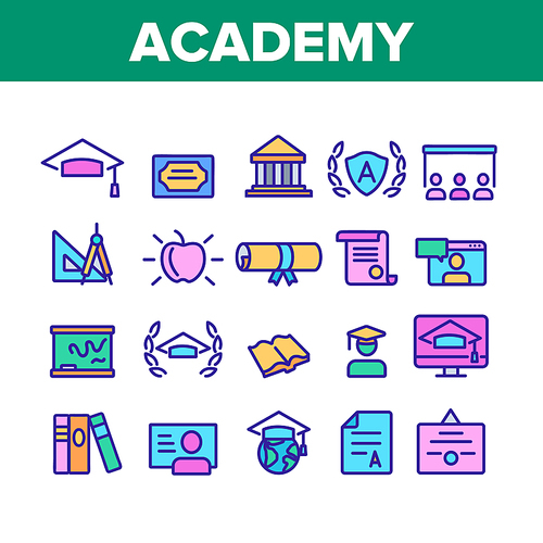 Academy Study Collection Elements Icons Set Vector Thin Line. Graduation Cap And Diploma, College Building And Online Education In Academy Concept Linear Pictograms. Color Contour Illustrations