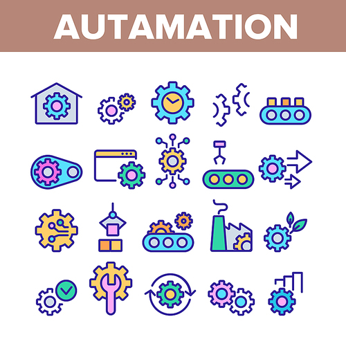 Automation Collection Elements Icons Set Vector Thin Line. Automation Mechanism With Gear, Factory And Web Site Work, Settings And Tools Concept Linear Pictograms. Color Contour Illustrations