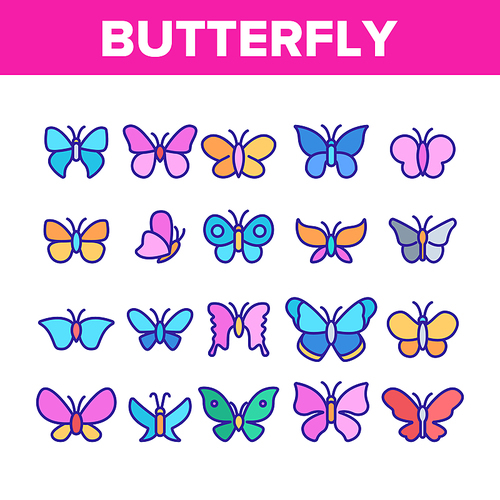 Butterfly Collection Elements Icons Set Vector Thin Line. Beautiful Decorative And Exotic Butterfly, Monarch And Moth Concept Linear Pictograms. Insect Wildlife Color Contour Illustrations