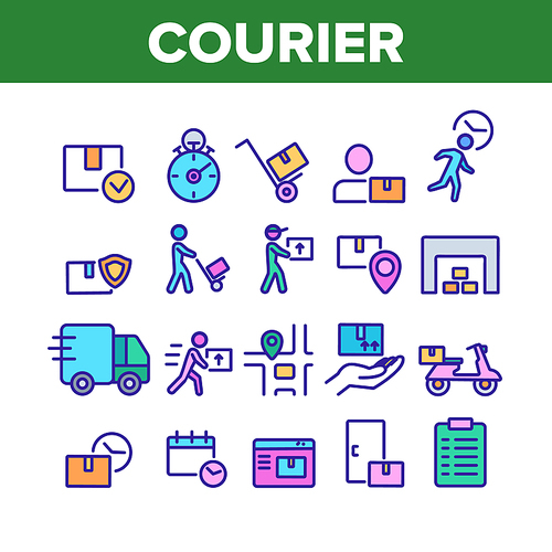 Courier Post Collection Elements Icons Set Vector Thin Line. Human Silhouette With Cart And Box, Truck And Motorbike Courier Service Concept Linear Pictograms. Color Contour Illustrations