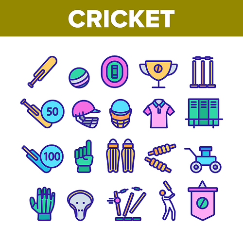 Cricket Collection Game Elements Icons Set Vector Thin Line. Player Silhouette And Helmet, Ball And Bat, Goblet And Cricket Equipment Concept Linear Pictograms. Sport Color Contour Illustrations